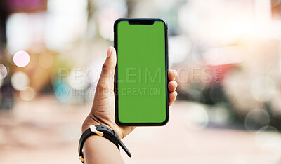 Buy stock photo Phone, green screen and person hands in city for social media, advertising and website ui or ux design mockup. Mobile app, technology and people with smartphone space for outdoor or urban travel