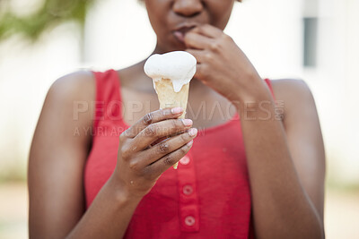 Buy stock photo Hands, woman and ice cream cone for dessert, cool snack and sweet food outdoor on holiday, vacation and travel. Closeup female person eating frozen vanilla gelato, melting and dripping summer city