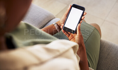 Buy stock photo Screen, phone and therapist use online mobile app or internet to consult and search the web or website with ux. Smartphone, connected and professional browsing for information on a couch or sofa
