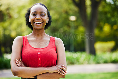 Buy stock photo Portrait, arms crossed and happy black woman in park, outdoor and garden with confidence, funny mood and freedom in Nigeria. Face, african female person and laughing  and smile in summer in nature