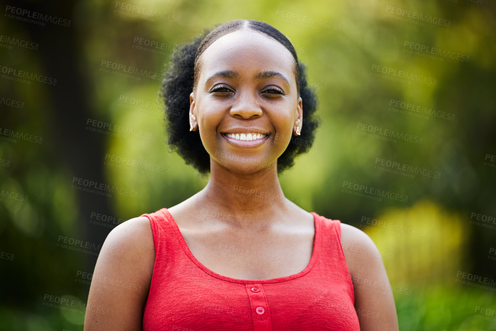 Buy stock photo Portrait, happy and black woman in park, outdoor and garden with natural confidence, good mood and freedom in Nigeria. Face, african female person and smile for summer holiday or relax in nature