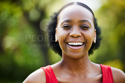 Buy stock photo Portrait, smile and black woman in park, outdoor and garden with natural confidence, good mood and freedom in Nigeria. Face, happy african female person and laughing in summer or relax in nature