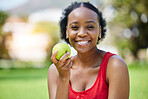 Apple, health and portrait of a black woman with a fruit on a farm with fresh produce in summer and smile for wellness. Happy, nutrition and young female person on an organic diet for self care