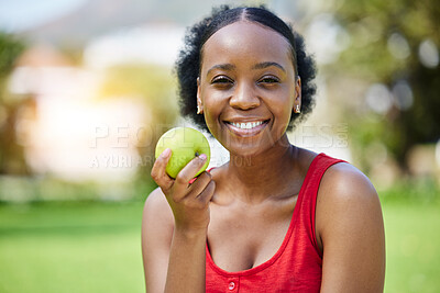 Buy stock photo Apple, health and portrait of a black woman with a fruit on a farm with fresh produce in summer and smile for wellness. Happy, nutrition and young female person on an organic diet for self care