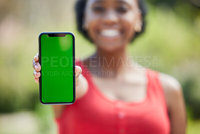 Buy stock photo Woman, hands and phone mockup green screen for advertising, mobile app or communication in nature. Female person show smartphone display or chromakey for advertisement or marketing in the outdoors