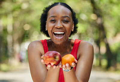 Buy stock photo Apple, orange and portrait of a black woman with a fruit on a farm with fresh produce in summer and smile for wellness. Citrus, nutrition and young female person on an organic diet for self care
