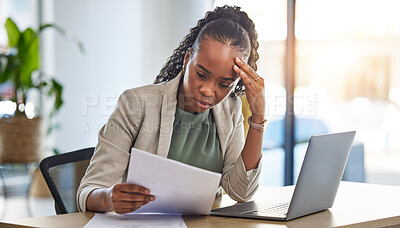 Buy stock photo Laptop, document and businesswoman with stress in the office while working on a project deadline. Overworked, computer and African female lawyer with burnout reading legal paperwork in the workplace.