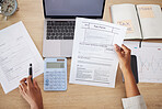 Taxes form, documents and business person for financial application, audit and time management on computer. Laptop, calculator and accountant or people hands for finance paperwork and accounting