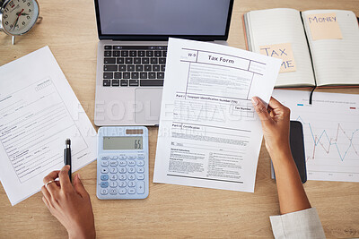 Buy stock photo Taxes form, documents and business person for financial application, audit and time management on computer. Laptop, calculator and accountant or people hands for finance paperwork and accounting