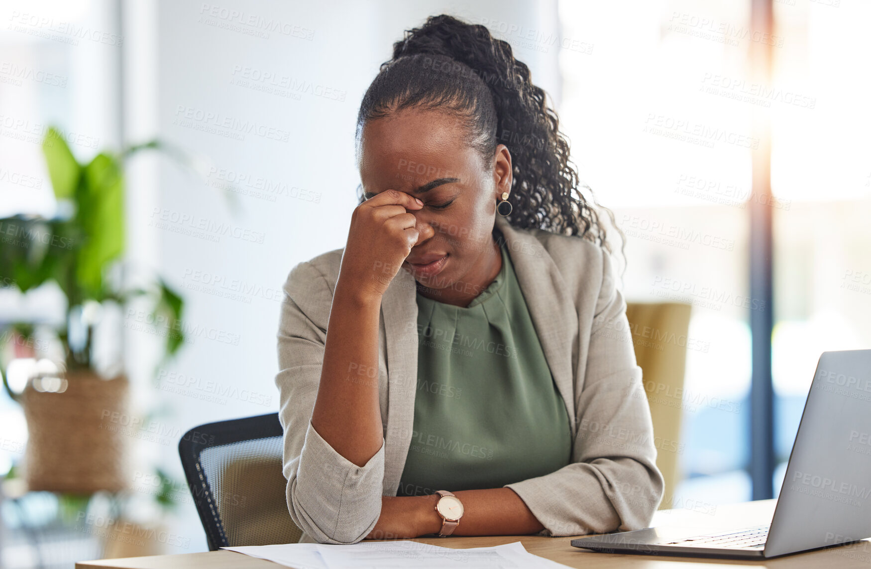 Buy stock photo Crisis, stress and black woman with problem in office, sick or headache from brain fog. Frustrated, fatigue and African professional with business fail, mistake emoji or debt, bankruptcy or tax audit