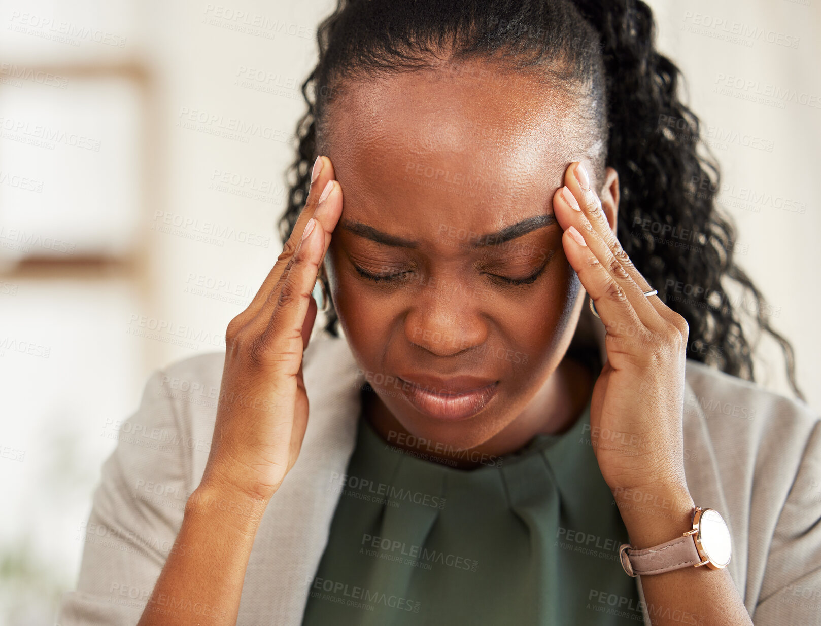 Buy stock photo Pain, headache and black woman with problem in office, sick or stress from migraine. Frustrated, fatigue and African professional with business crisis, fail emoji and debt, bankruptcy and mistake.