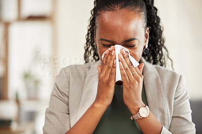 Buy stock photo Blowing nose, business and sick black woman with tissue for hayfever, allergies and flu symptoms. Health, corporate and female worker with handkerchief for cold, sinus problem and infection in office