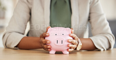 Buy stock photo Savings, piggy bank and investment with hands of woman in office for money, future and accounting. Cash growth, planning and banking with closeup of person for finance, budget and payment