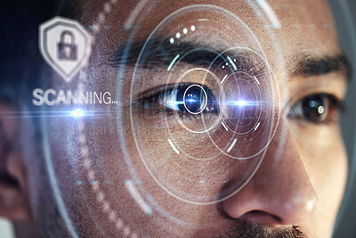 Buy stock photo Scanning hologram, eyes and man with futuristic technology,  biometric data or laser cybersecurity. Holographic lock, identity software and person focus, future or digital facial recognition overlay