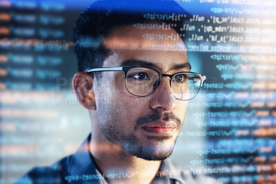 Buy stock photo Software, coding hologram and man thinking of data analytics, night cybersecurity and 3d screen overlay. Programmer or IT person in glasses reading html script, programming and cybersecurity research