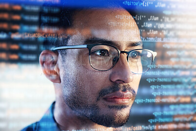 Buy stock photo Asian man, face and programming at night with overlay or dashboard of code, malware or software at office. Male person, coder or programmer working late in development, problem solving or algorithm