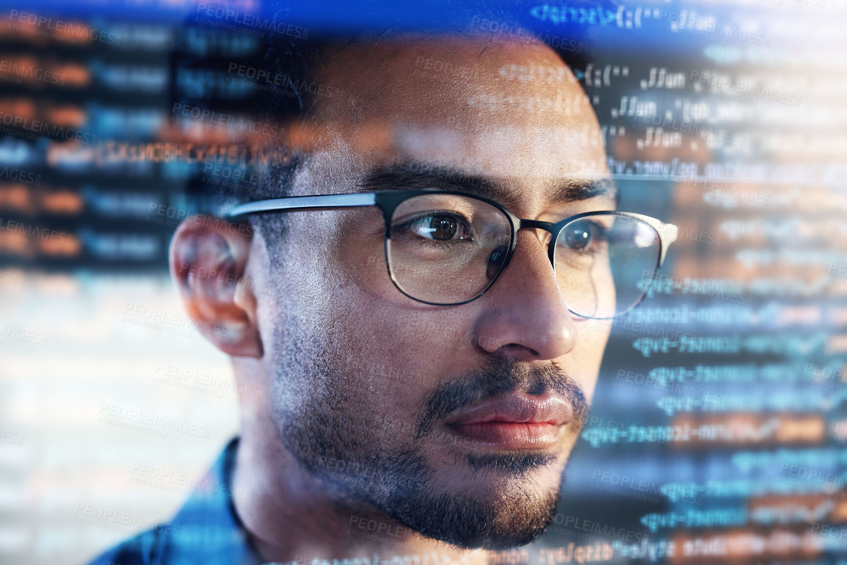 Buy stock photo Asian man, face and programming at night with overlay or dashboard of code, malware or software at office. Male person, coder or programmer working late in development, problem solving or algorithm