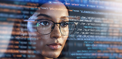 Buy stock photo Data analysis, hologram and woman for coding software, information technology and night overlay. Programmer code or IT person in glasses reading html script, programming and cyber security research