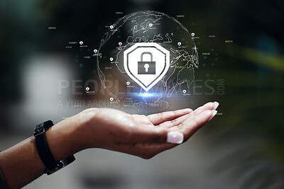 Buy stock photo Hologram, hand and person with cyber security, lock and data protection with internet connection, futuristic and gdpr. Closeup, human and holographic with technology, global and symbol with software