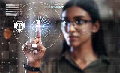 Buy stock photo Woman, fingerprint scan and biometrics for futuristic cyber security on hologram or dashboard hud at office. Hand of female person in recognition for digital access, identification or verification