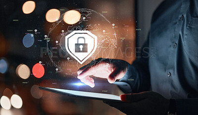 Buy stock photo Cyber security, hand and tablet hologram with safety lock for network, information or data. Person with global icon on technology screen for privacy, antivirus or hacking and fraud or access control
