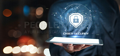 Buy stock photo Cyber security, hand and tablet with hologram of safety lock icon for network, information or data. Person with technology for privacy, antivirus or hacking and global access control shield at night
