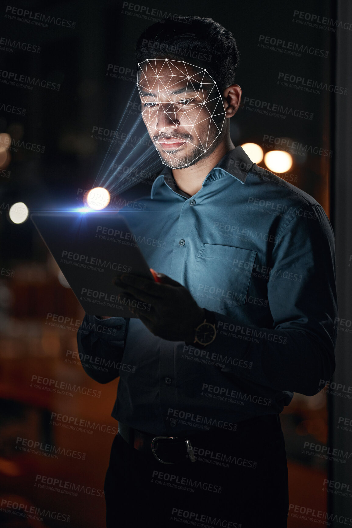 Buy stock photo Asian man, tablet and facial recognition at night in biometrics for access, verification or identification at office. Businessman working late with technology and scanning face for cyber security