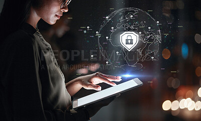 Buy stock photo Tablet, cyber security hologram and woman for global data safety, software development and worldwide coding. Holographic, overlay and business person on digital technology, lock icon and night bokeh