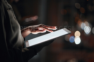 Buy stock photo Woman, hands and tablet mockup at night for networking, social media or advertising at the office. Closeup of female person or employee working late on technology display or screen for online search