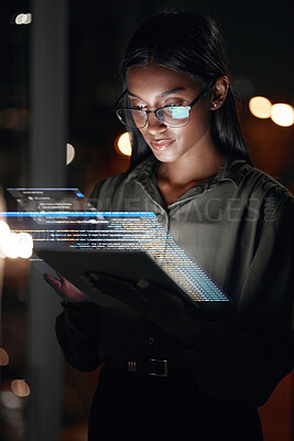 Buy stock photo Woman, tablet and hologram at night in web design with dashboard, interface or hud display at the office. Female person, employee or developer working late on futuristic technology or code overlay