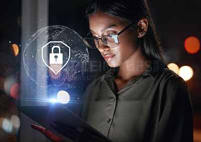 Buy stock photo Tablet, global security and woman in hologram for data safety, software password and worldwide database. Cybersecurity, overlay and business person with digital technology, lock icon and night bokeh