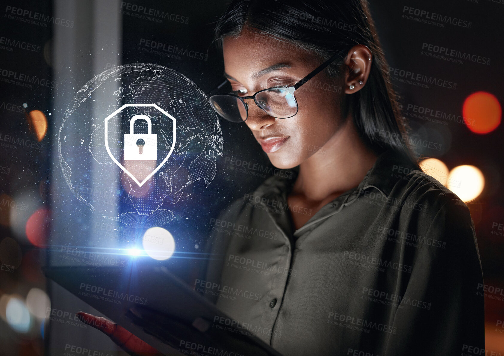 Buy stock photo Tablet, global security and woman in hologram for data safety, software password and worldwide database. Cybersecurity, overlay and business person with digital technology, lock icon and night bokeh