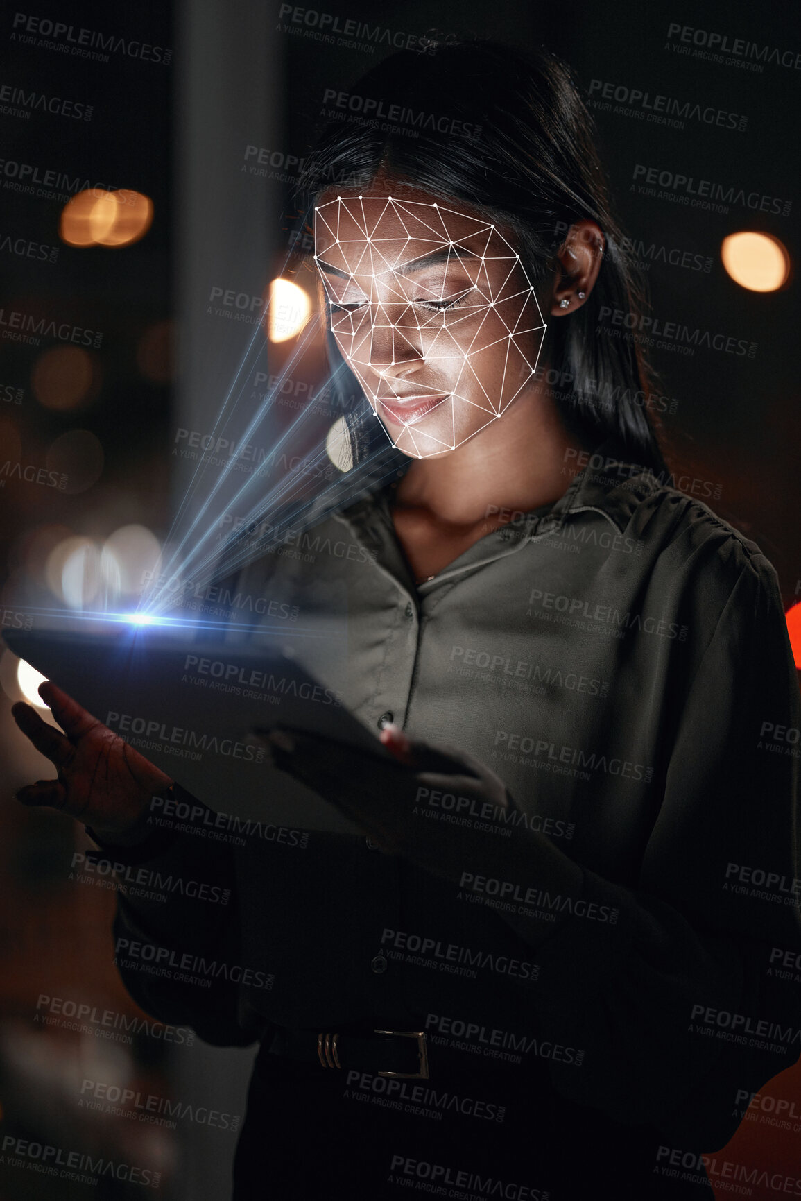 Buy stock photo Woman, tablet and facial recognition at night in biometrics for access, verification or identification at office. Female person or employee working late on technology, scanning face or cyber security