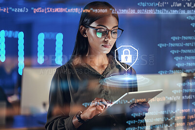 Buy stock photo Lock hologram, tablet and woman with data analysis safety, software overlay and cyber security coding at night. Html, script and person reading with digital technology, gdpr and networking research