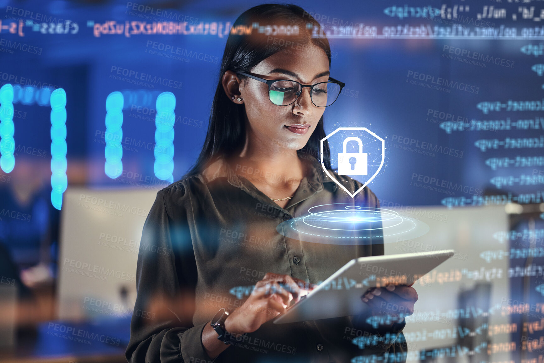 Buy stock photo Lock hologram, tablet and woman with data analysis safety, software overlay and cyber security coding at night. Html, script and person reading with digital technology, gdpr and networking research