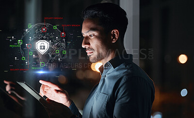 Buy stock photo Cyber security, hacker man and tablet with hologram and safety lock icon for network, information or data. Person with technology for privacy, antivirus or hacking and access control shield at night
