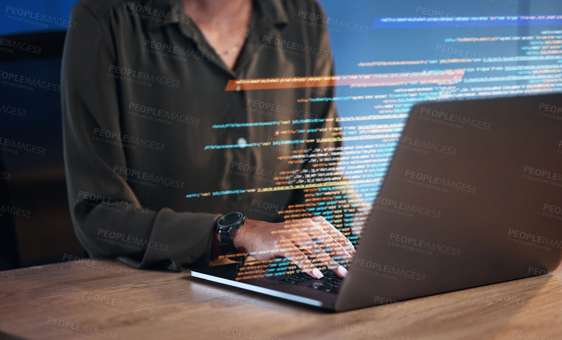 Buy stock photo Laptop, coding hologram and business woman for software development, programming and cybersecurity in night office. Typing, research and programmer or IT person hands on computer in data html overlay