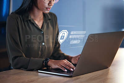 Buy stock photo Woman, laptop and security for username, password or encryption on office desk at workplace. Hands of female person or employee with Lock Screen hud for login access, verification or identification