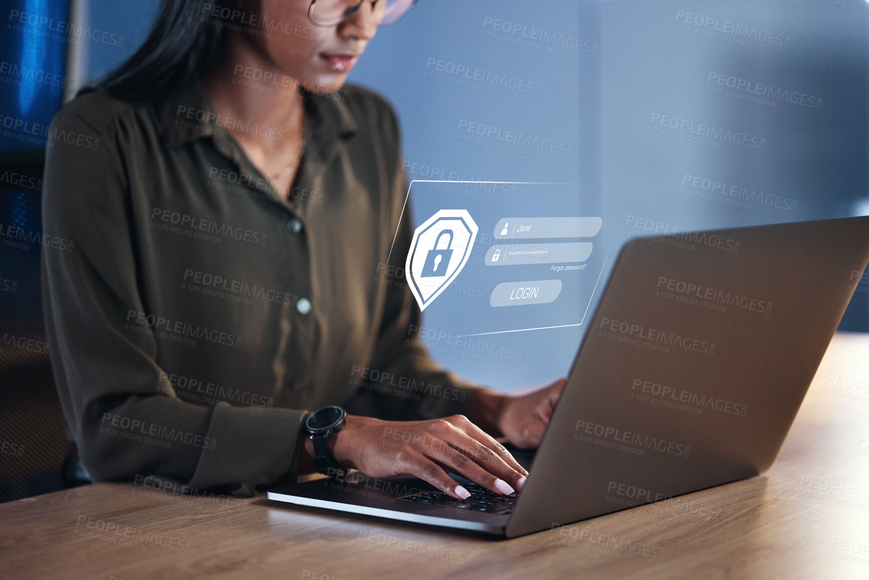 Buy stock photo Woman, laptop and security for username, password or encryption on office desk at workplace. Hands of female person or employee with Lock Screen hud for login access, verification or identification