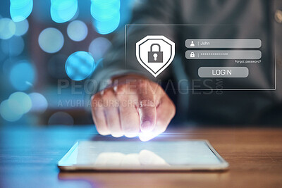 Buy stock photo Security, login and hand on tablet for password with hologram of safety lock for network, information or data protection. Person with technology for privacy, cybersecurity or gdpr and global shield
