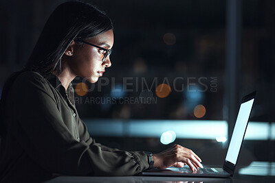 Buy stock photo Laptop, research and business woman in coding, software development and programming for night cybersecurity. Computer, typing and screen reflection, focus and data analysis of programmer or IT person