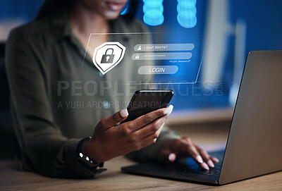 Buy stock photo Woman, phone and security for username, password or encryption on office desk at workplace. Hands of female person with Lock Screen hud for login access, verification or identification on smartphone