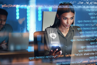 Buy stock photo Laptop, phone and hologram of woman for data protection, safety software development or cybersecurity programming. Night, mobile research and programmer or person on computer, lock and gdpr overlay