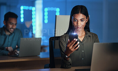 Buy stock photo Woman, phone with facial recognition and futuristic biometric cybersecurity, id or scan face for mobile safety. Smartphone, businesswoman and hologram technology for access control or protection 