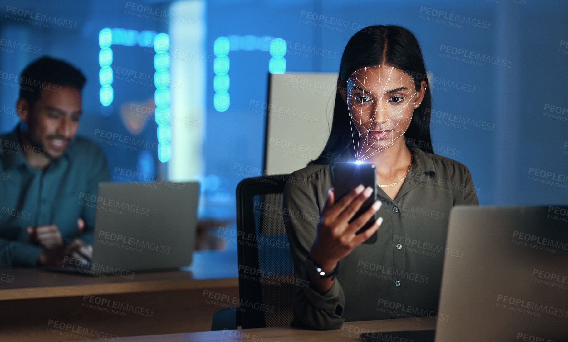 Buy stock photo Woman, phone with facial recognition and futuristic biometric cybersecurity, id or scan face for mobile safety. Smartphone, businesswoman and hologram technology for access control or protection 