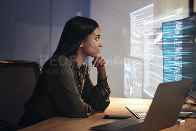 Buy stock photo Programmer, code and woman with focus, hologram and digital software with cyber security, futuristic and online reading. Female person, programming or employee with data analysis, research and laptop