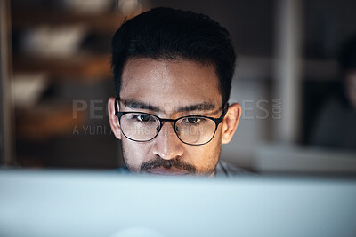 Buy stock photo Computer, research and man in glasses for software development, night programming and cybersecurity. Reading, focus and person or programmer with data analysis, desktop system and coding information