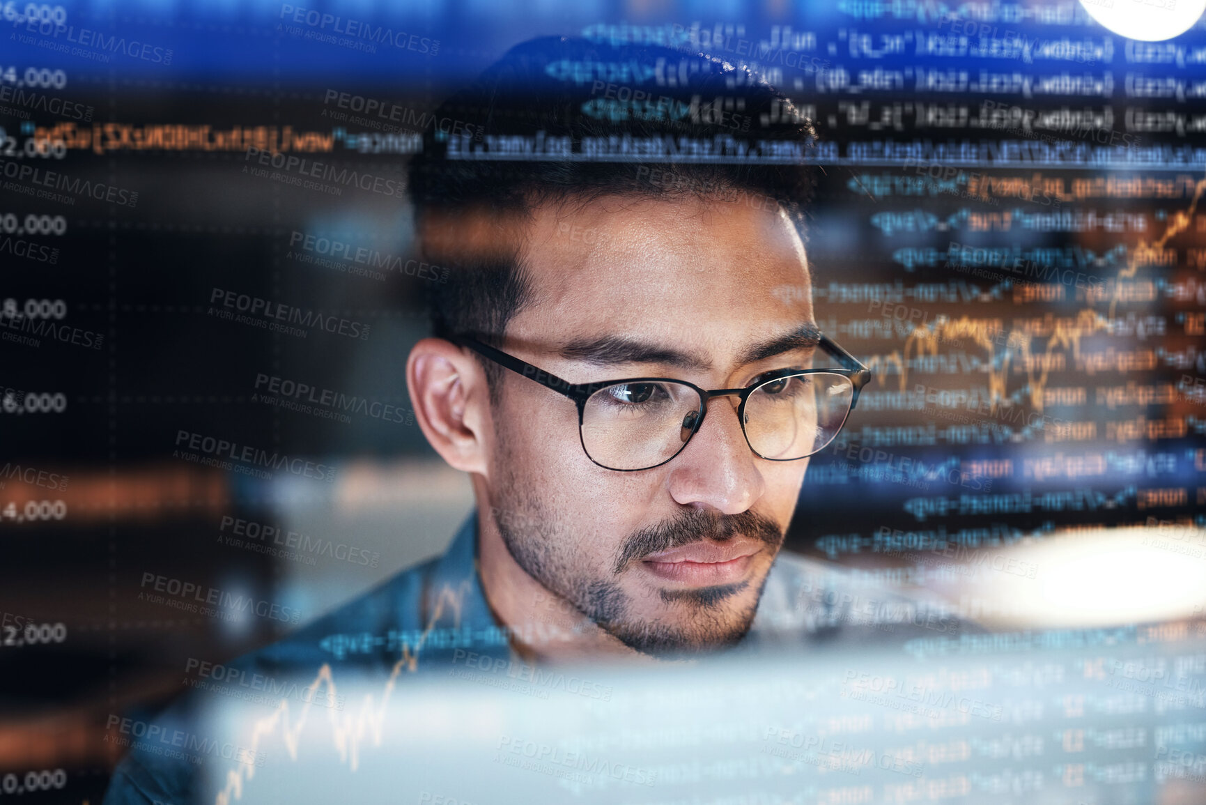 Buy stock photo Asian man, face and programming at night with code overlay or dashboard in malware or software at office. Male person, coder or programmer working late in development, problem solving or algorithm