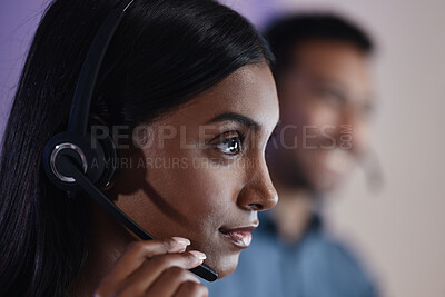 Buy stock photo Woman, call center and headphones at night in customer service, support or telemarketing at the office. Face of serious female person, consultant or agent with headset for online advice or assistance