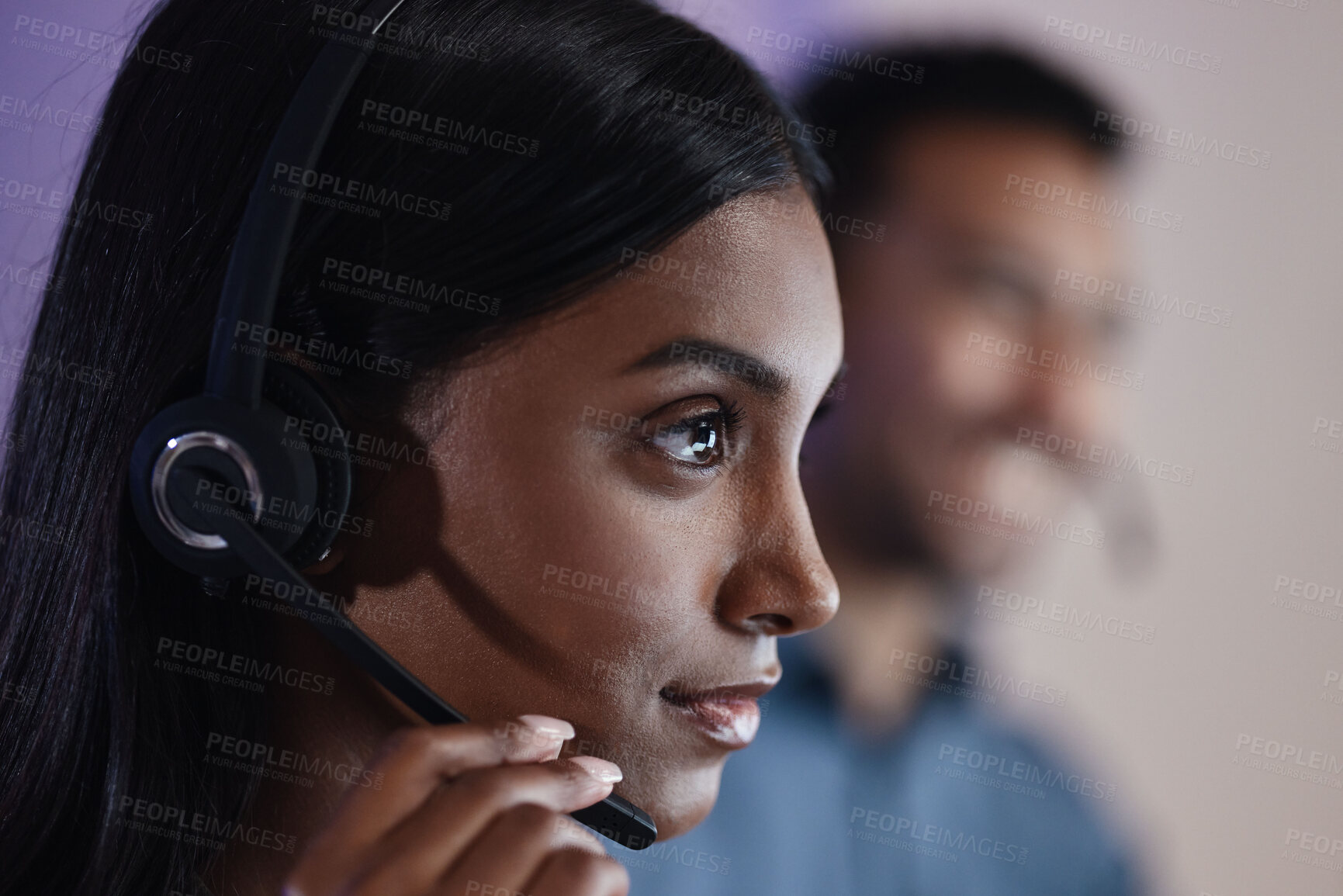 Buy stock photo Woman, call center and headphones at night in customer service, support or telemarketing at the office. Face of serious female person, consultant or agent with headset for online advice or assistance